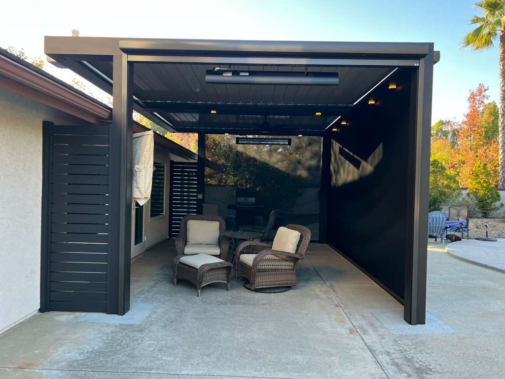 LifeRoom louvered roof by Four Seasons with integrated lighting and drop screens, Southern California
