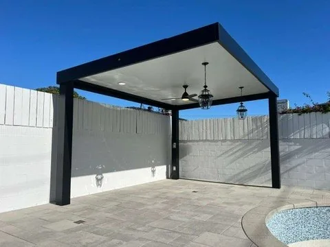 Freestanding black 4K on three posts for extra open space, 3-inch white insulated roof, ceiling fan and hanging lanterns
